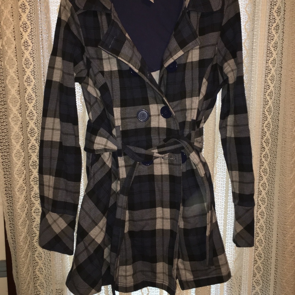 Blue plaid pea coat